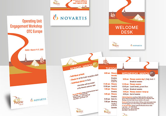 Charte Graphique et déclinaisons : Kakémono, panneau bus, directionnelle flèche amovible, A3 accueil, panneaux journaliers- NOVARTIS 