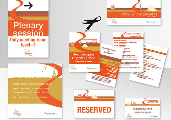 Charte Graphique et déclinaisons :  A3 directionnelle flèche amovible, badges programmes avec variables, carte de compliments, menu -  NOVARTIS 