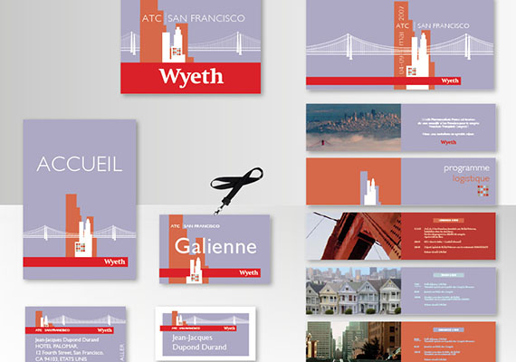 Charte graphique et déclinaisons : Panneau bus, programme pocket, A3 accueil, badge, étiquette bagages, autocollant  - WYETH
